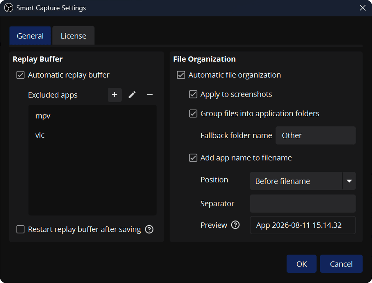 Smart Capture settings window showing automatic replay buffer exclusion rules, screenshot organization, folder grouping, and custom file naming syntax.