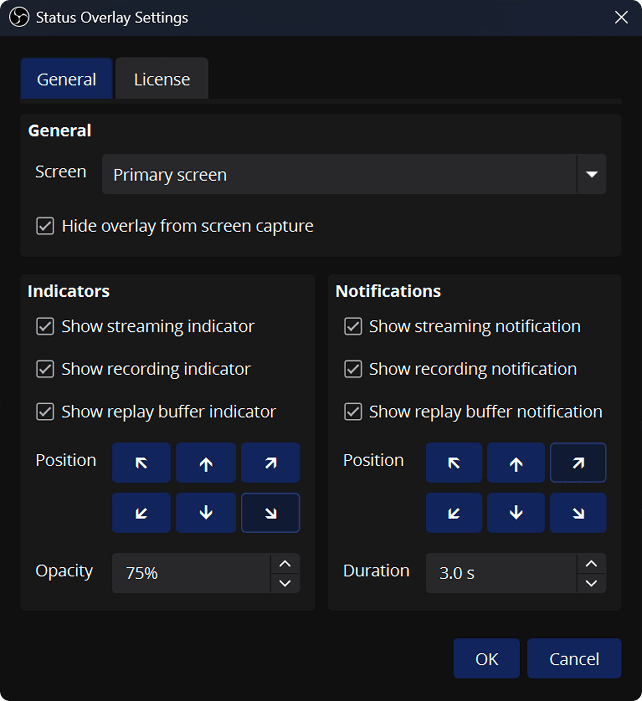 Status Overlay settings window showing screen selection, capture protection, indicator and notification options.